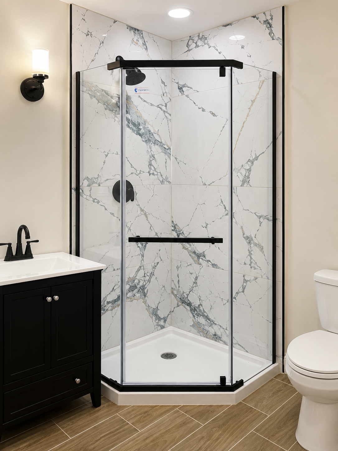 Modern bathroom remodel with marble-look shower surround and matte black hardware
